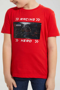 Redtag-Red-No-Signal-Print-T-Shirt-Graphic-T-Shirts-Boys-2 to 8 Years
