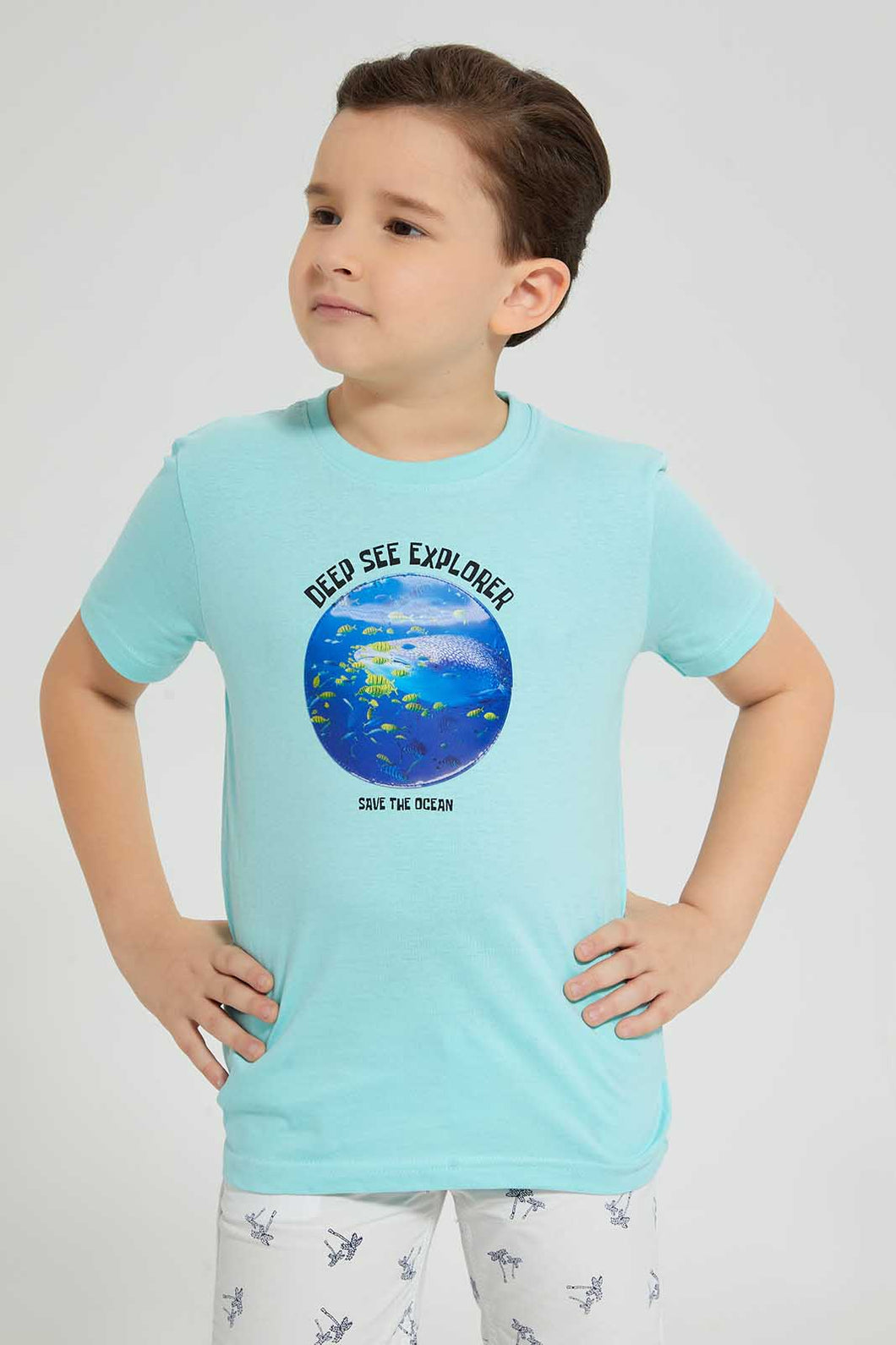 Redtag-Blue-Shark-Print-T-Shirt-Graphic-Prints-Boys-2 to 8 Years