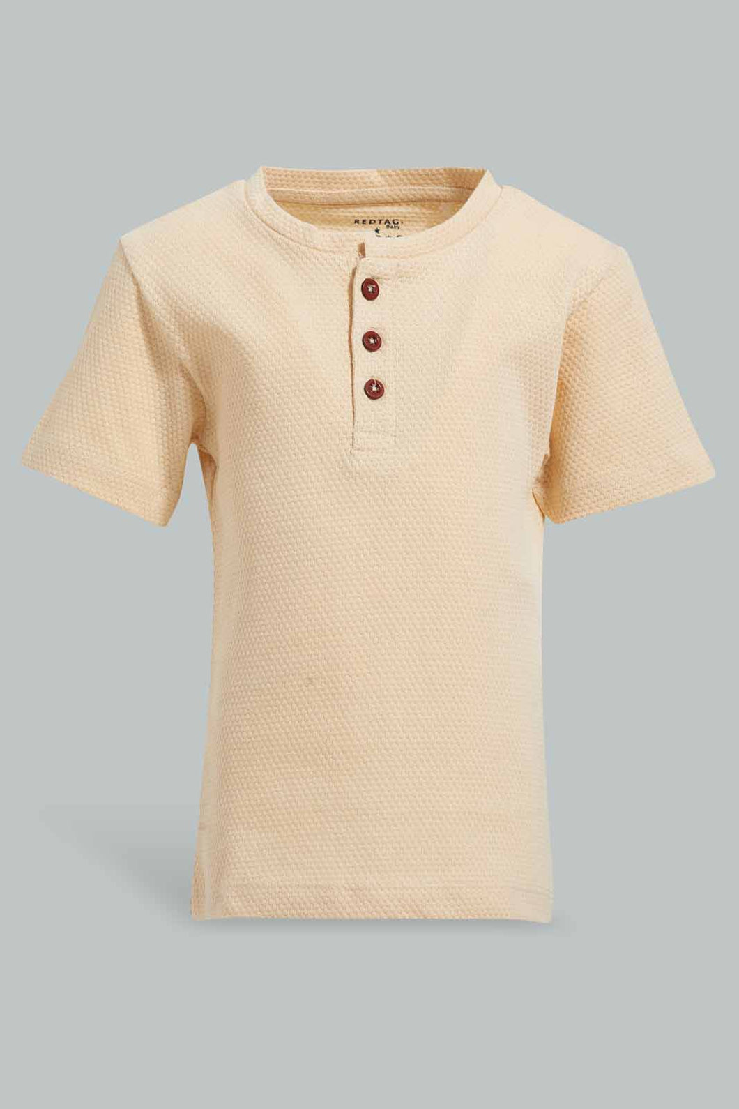 Redtag-Beige-Short-Sleeve-Henley-Jacquard-Tshirt-Henley-T-Shirts-Infant-Boys-3 to 24 Months