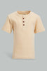 Redtag-Beige-Short-Sleeve-Henley-Jacquard-Tshirt-Henley-T-Shirts-Infant-Boys-3 to 24 Months