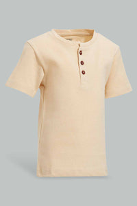 Redtag-Beige-Short-Sleeve-Henley-Jacquard-Tshirt-Henley-T-Shirts-Infant-Boys-3 to 24 Months