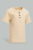 Redtag-Beige-Short-Sleeve-Henley-Jacquard-Tshirt-Henley-T-Shirts-Infant-Boys-3 to 24 Months