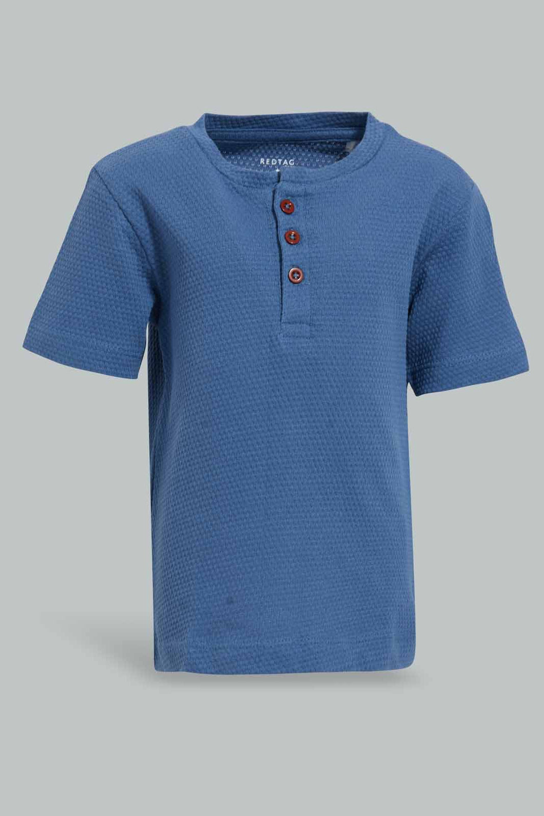 Redtag-Petrol-Blue-Short-Sleeve-Henley-Jacquard-Tshirt-Henley-T-Shirts-Infant-Boys-3 to 24 Months