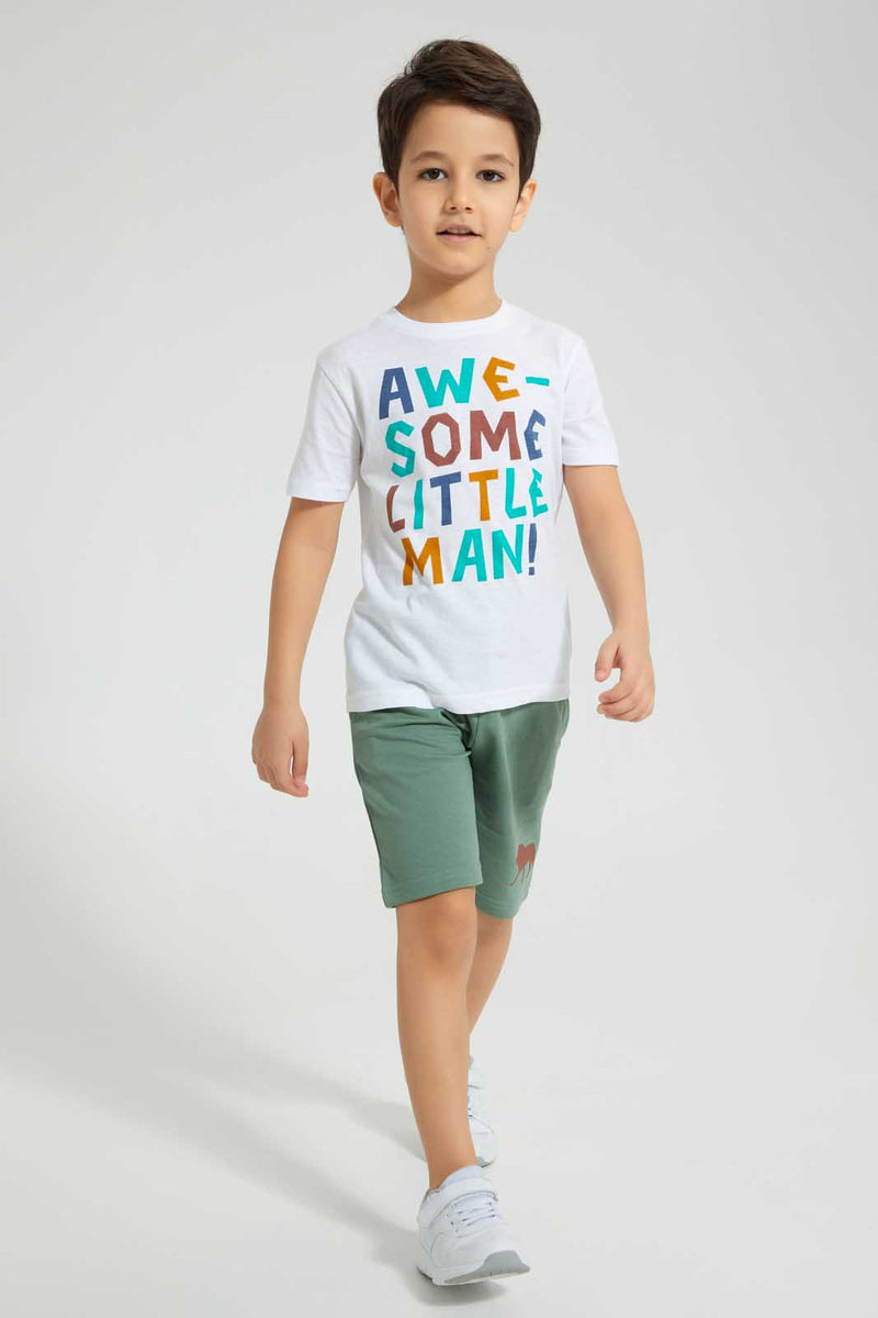 Redtag-White-Awesome-Little-Man-Print-T-Shirt-And-Short-Set-Sets-Boys-2 to 8 Years