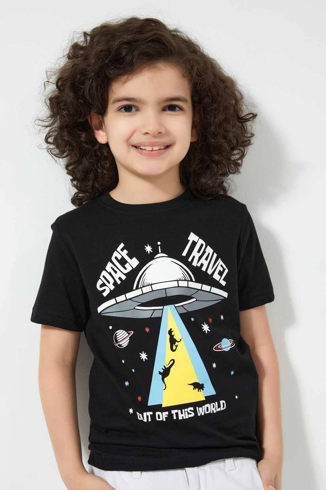 Redtag-Black-Ss-Space-Travel-Graphic-T-Shirt-Graphic-T-Shirts-Boys-2 to 8 Years
