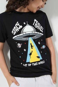 Redtag-Black-Ss-Space-Travel-Graphic-T-Shirt-Graphic-T-Shirts-Boys-2 to 8 Years