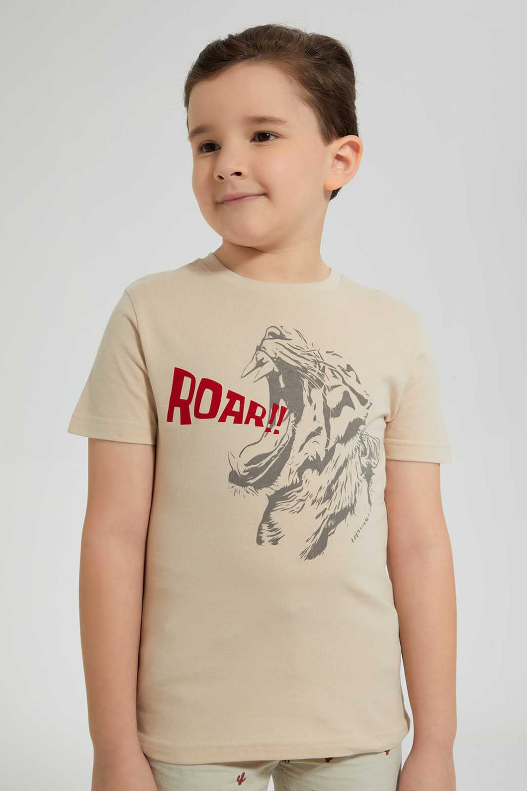 Redtag-Beige-Ss-Lion-Graphic-T-Shirt-Graphic-Prints-Boys-2 to 8 Years