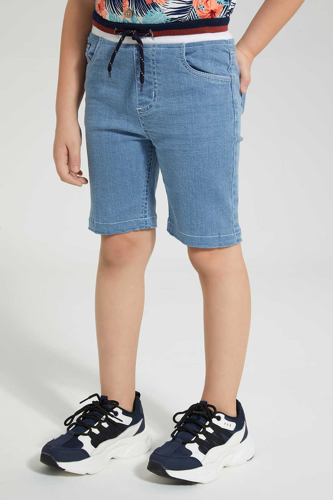 Redtag-Lightwash-Ribbed-Waistband-Short-Denim-Shorts-Boys-2 to 8 Years