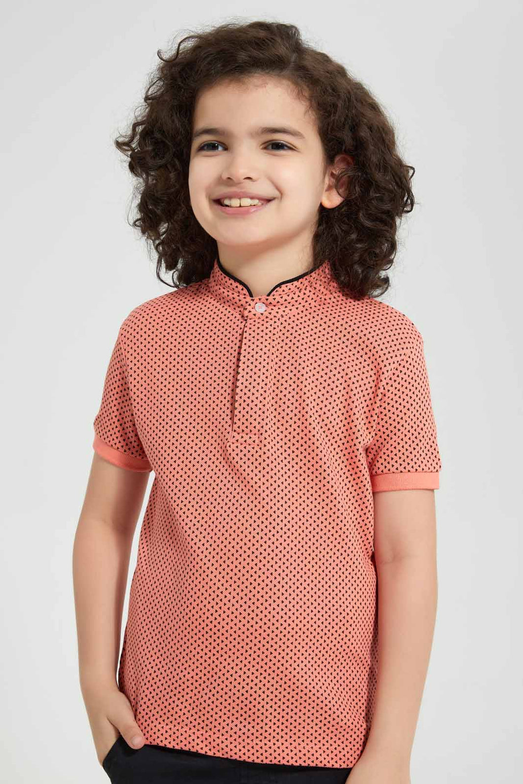 Redtag-Pink-Triangle-Print-Collar-Stand-Polo-Polo-Shirts-Boys-2 to 8 Years