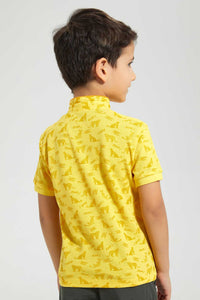 Redtag-Yellow-Leopard-Print-Collar-Stand-Polo-Polo-Shirts-Boys-2 to 8 Years