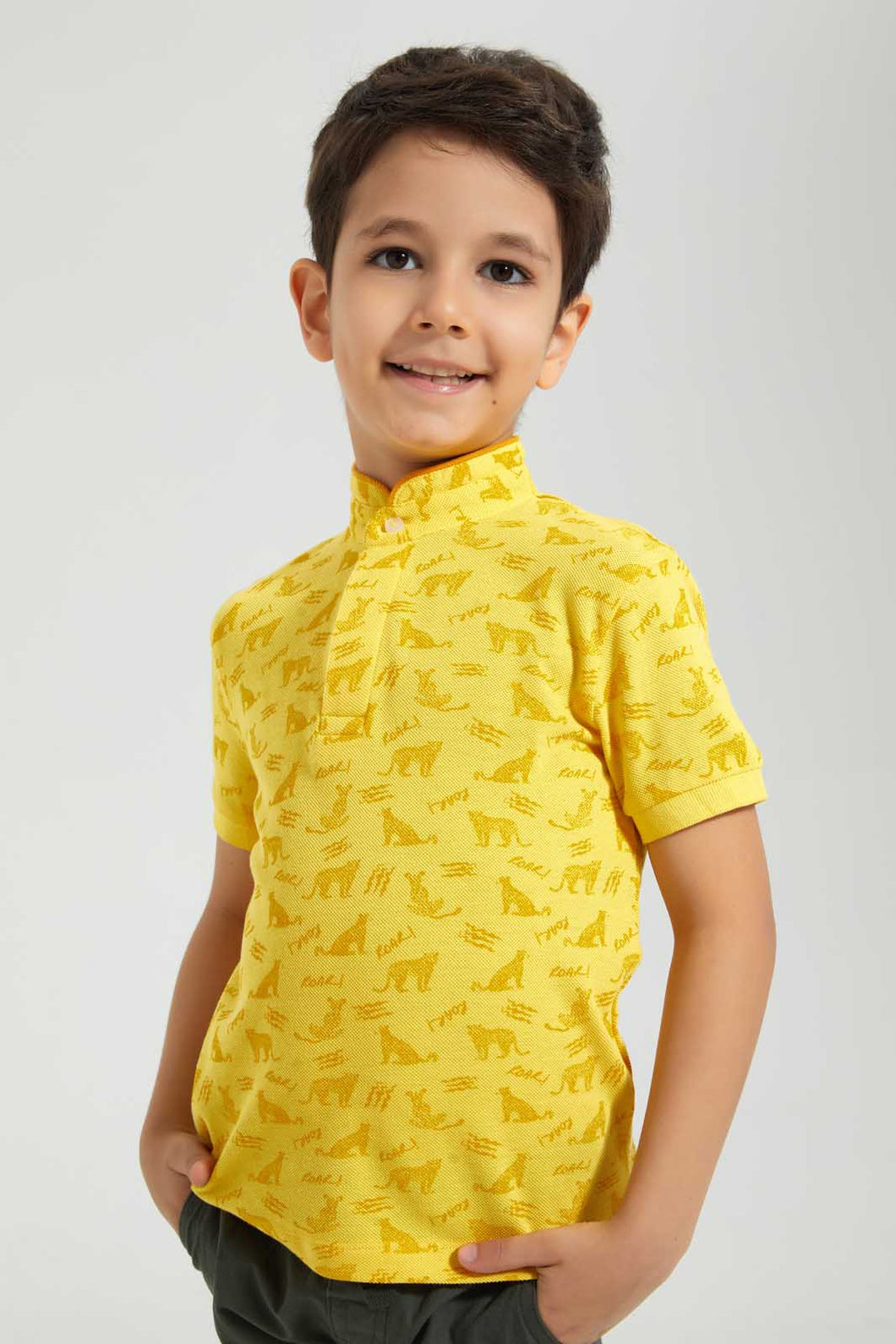 Redtag-Yellow-Leopard-Print-Collar-Stand-Polo-Polo-Shirts-Boys-2 to 8 Years