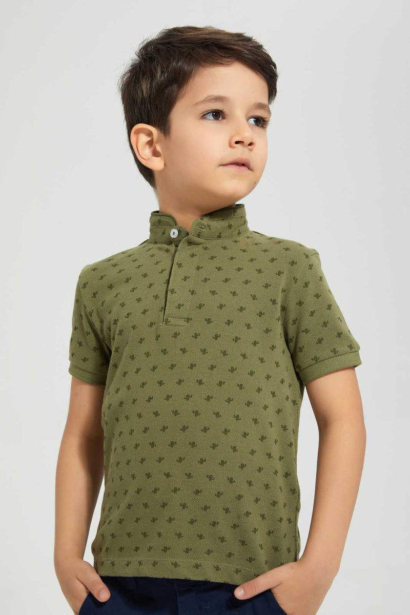 Redtag-Dark-Green-Cactus-Print-Collar-Stand-Polo-Polo-Shirts-Boys-2 to 8 Years