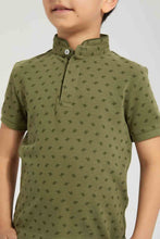 تنزيل الصورة على معرض الصور، Redtag-Dark-Green-Cactus-Print-Collar-Stand-Polo-Polo-Shirts-Boys-2 to 8 Years
