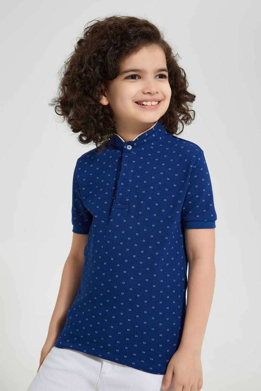 Redtag-Navy-Print-Collar-Stand-Polo-Polo-Shirts-Boys-2 to 8 Years