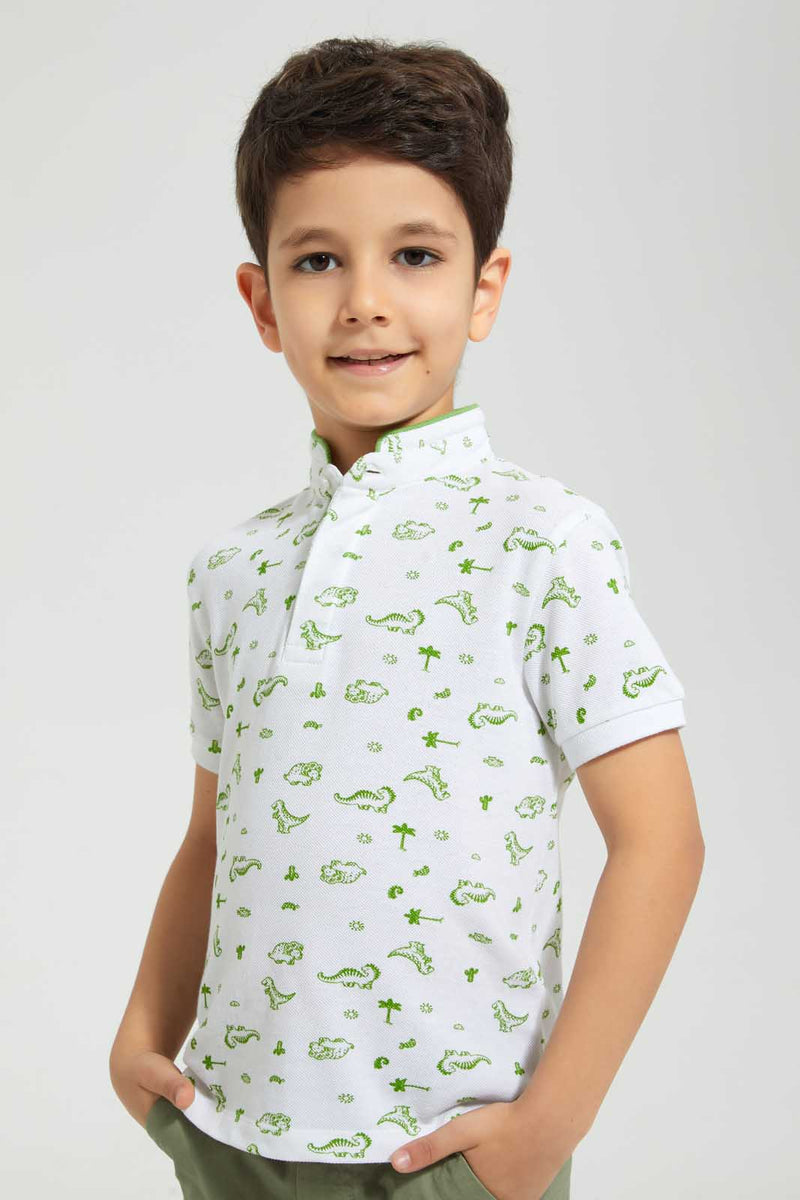 Redtag-White-Dino-Print-Collar-Stand-Polo-Polo-Shirts-Boys-2 to 8 Years