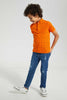 Redtag-Orange-Square-Print-Collar-Stand-Polo-Polo-Shirts-Boys-2 to 8 Years