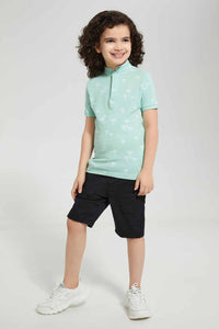 Redtag-Mint-Palm-Print-Collar-Stand-Polo-Polo-Shirts-Boys-2 to 8 Years