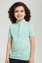 Load image into Gallery viewer, Redtag-Mint-Palm-Print-Collar-Stand-Polo-Polo-Shirts-Boys-2 to 8 Years
