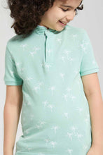 Load image into Gallery viewer, Redtag-Mint-Palm-Print-Collar-Stand-Polo-Polo-Shirts-Boys-2 to 8 Years
