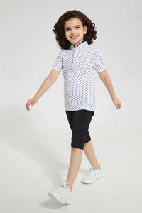 Redtag-White-Spider-Print-Collar-Stand-Polo-Polo-Shirts-Boys-2 to 8 Years