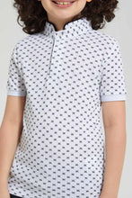 تنزيل الصورة على معرض الصور، Redtag-White-Spider-Print-Collar-Stand-Polo-Polo-Shirts-Boys-2 to 8 Years
