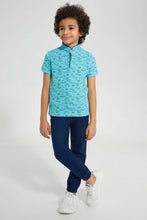 Load image into Gallery viewer, Redtag-Blue-Shark-Print-Collar-Stand-Polo-Polo-Shirts-Boys-2 to 8 Years
