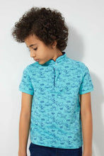 Load image into Gallery viewer, Redtag-Blue-Shark-Print-Collar-Stand-Polo-Polo-Shirts-Boys-2 to 8 Years
