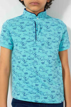 Load image into Gallery viewer, Redtag-Blue-Shark-Print-Collar-Stand-Polo-Polo-Shirts-Boys-2 to 8 Years
