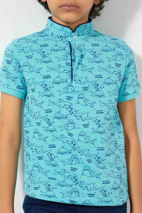 Redtag-Blue-Shark-Print-Collar-Stand-Polo-Polo-Shirts-Boys-2 to 8 Years