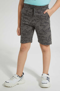 Redtag-Dark-Grey-Shark-Print-Short-Active-Shorts-Boys-2 to 8 Years