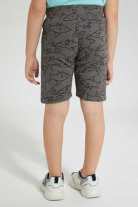 Redtag-Dark-Grey-Shark-Print-Short-Active-Shorts-Boys-2 to 8 Years