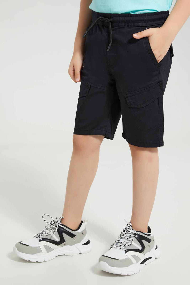 Redtag-Black-Cargo-Pocket-Pullon-Short-Pull-On-Shorts-Boys-2 to 8 Years