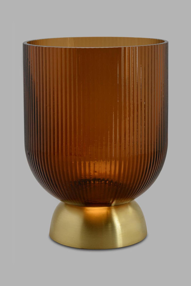 Redtag-Gold-Ribbed-Glass-Vase-With-Gold-Metal-Base-Platter-Home-Decor-