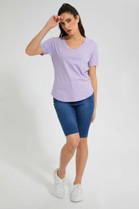 Redtag-Purple-Organic-V-Neck-T-Shirt-Plain-Women's-