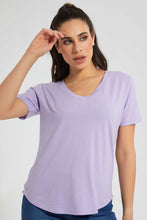 Load image into Gallery viewer, Redtag-Purple-Organic-V-Neck-T-Shirt-Plain-Women&#39;s-
