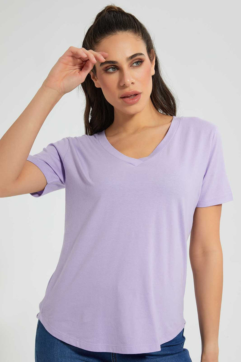 Redtag-Purple-Organic-V-Neck-T-Shirt-Plain-Women's-