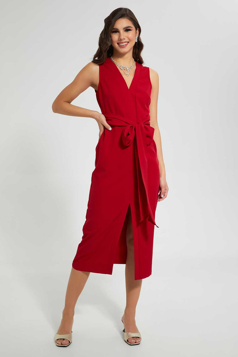 Redtag-Red-Belted-Midi-Dress-Dresses-Women's-