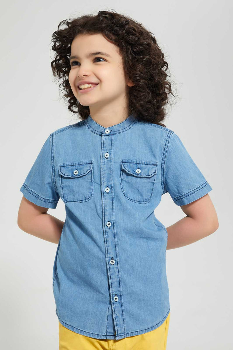 Redtag-Light-Blue-Denim-Mandarin-Shirt-Casual-Shirts-Boys-2 to 8 Years