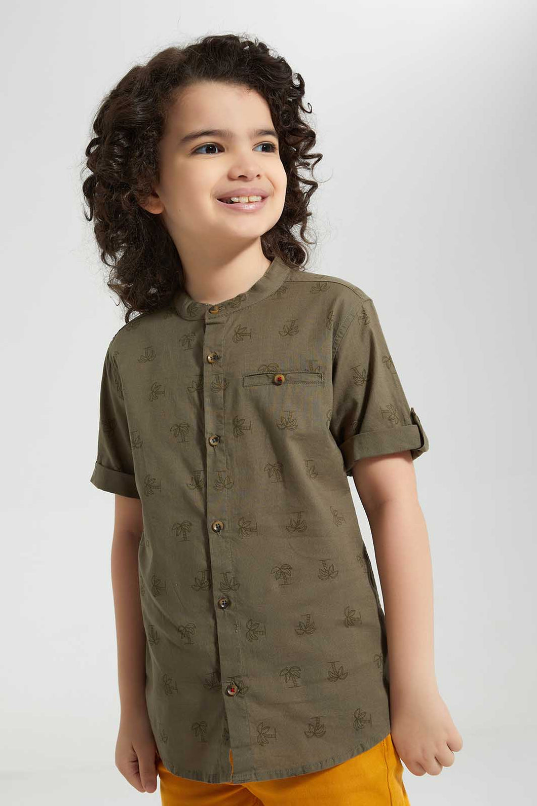 Redtag-Olive-Print-Ss-Mandarin-Collar-Casual-Shirts-Boys-2 to 8 Years