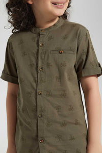 Redtag-Olive-Print-Ss-Mandarin-Collar-Casual-Shirts-Boys-2 to 8 Years