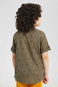 Redtag-Olive-Print-Ss-Mandarin-Collar-Casual-Shirts-Boys-2 to 8 Years