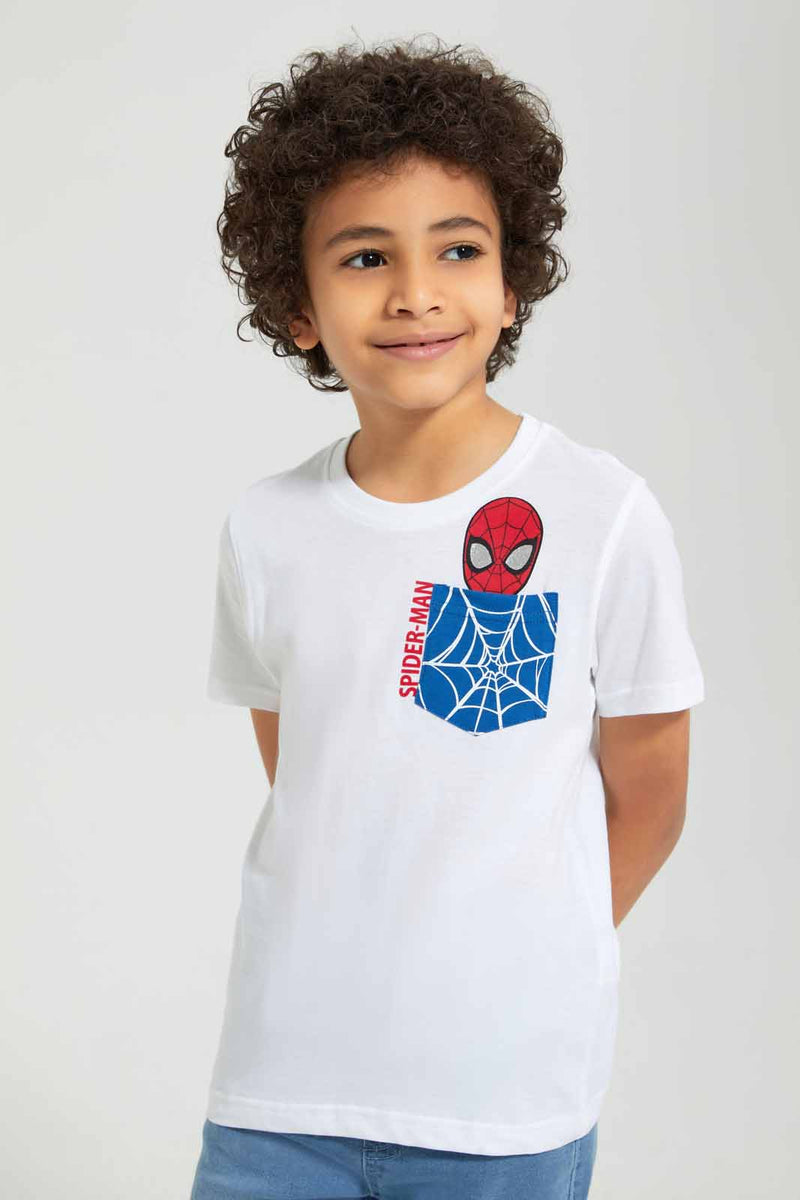 Redtag-White-Spiderman-Pocket-T-Shirt-Character-T-Shirts-Boys-2 to 8 Years