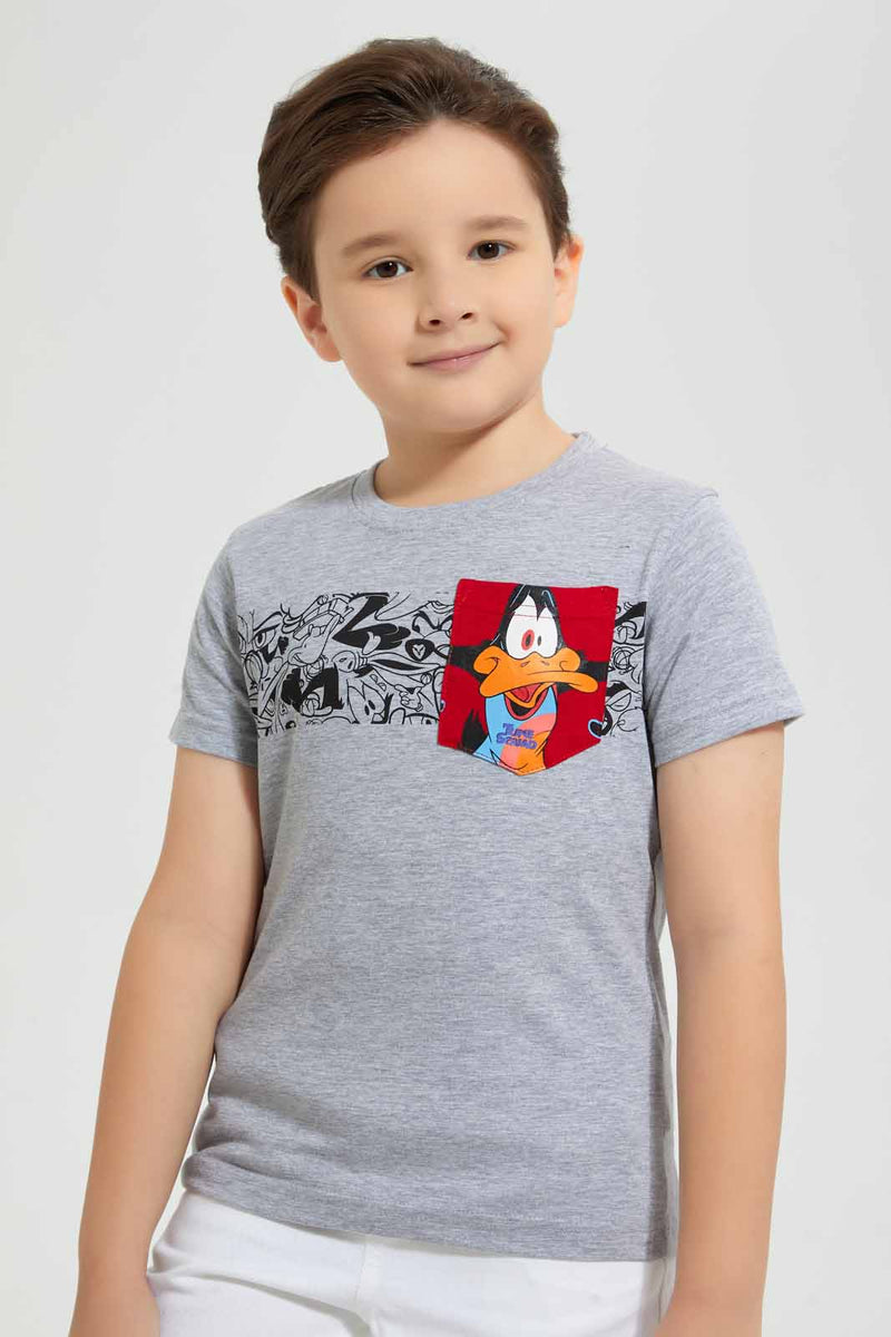 Redtag-Grey-Daffy-Pocket-T-Shirt-Character-T-Shirts-Boys-2 to 8 Years