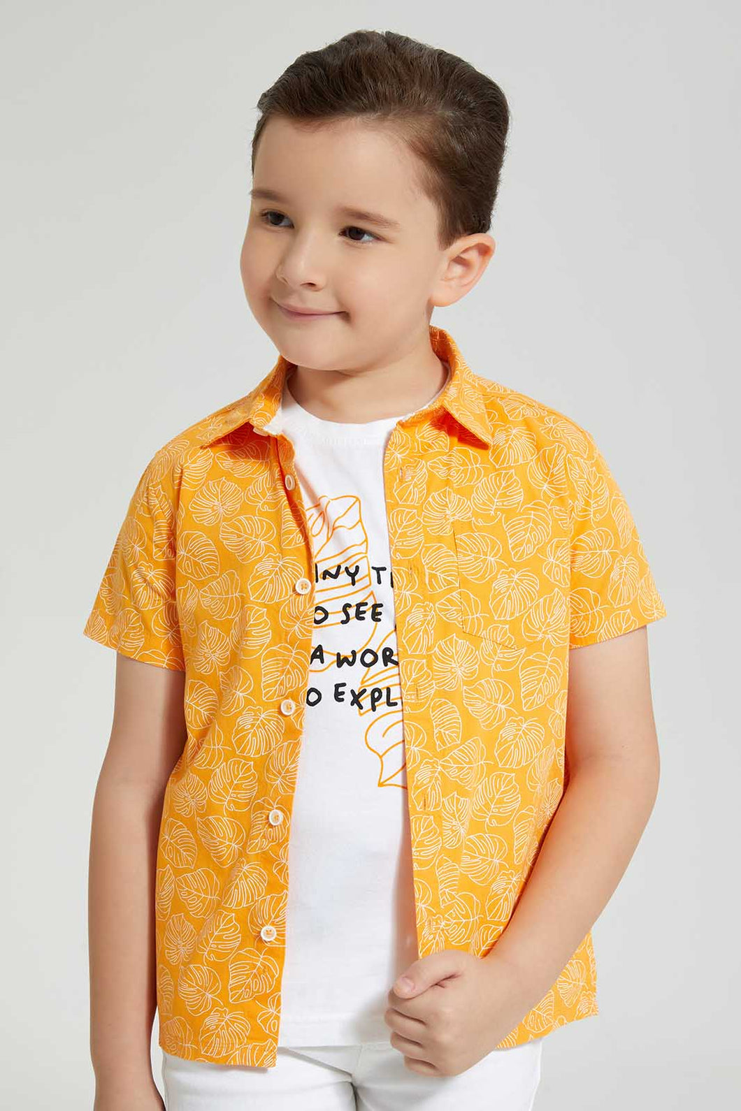 Redtag-Orange-Shirt-And-T-Shirt-Set-Casual-Shirts-Boys-2 to 8 Years