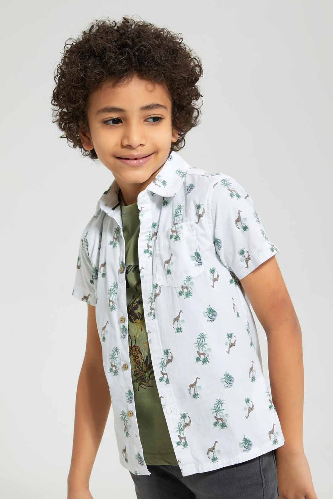 Redtag-White-Safari-Print-T-Shirt-And-Shirt-Set-Casual-Shirts-Boys-2 to 8 Years