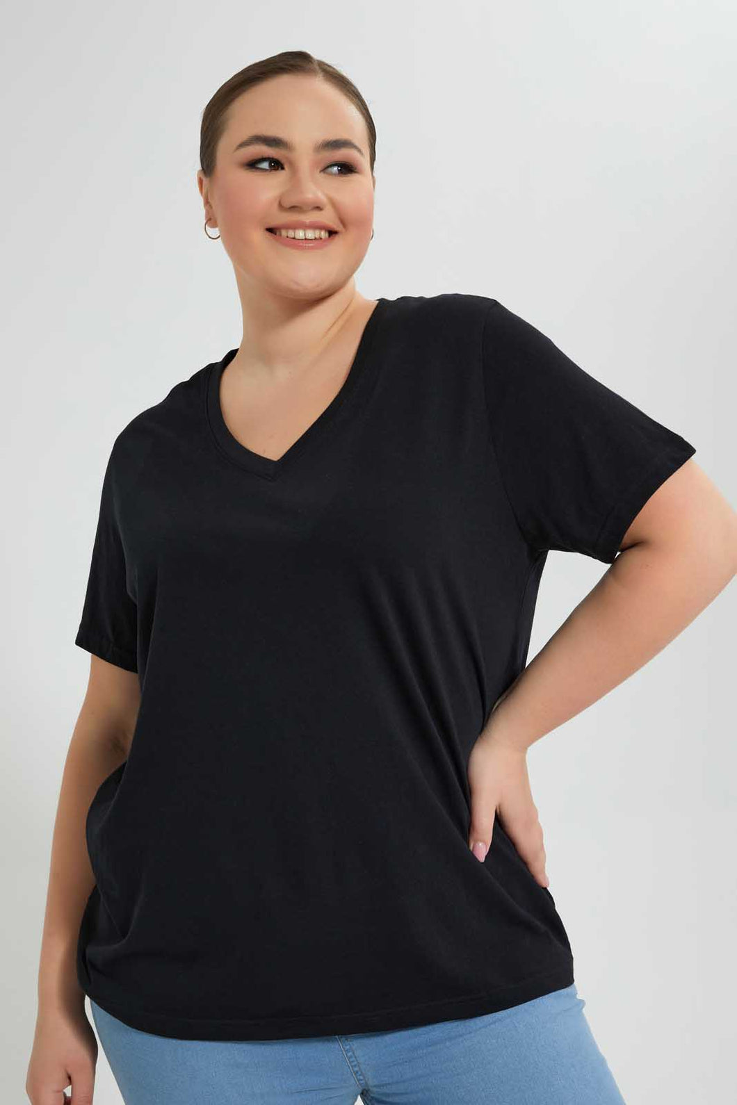 Redtag-Black-S/S-V-Neck-T-Shirt-V-Neck-T-Shirts-Women's-