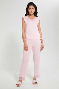 Redtag-Pink-Plain-Pyjama-Set-With-Lace-Pyjama-Sets-Women's-