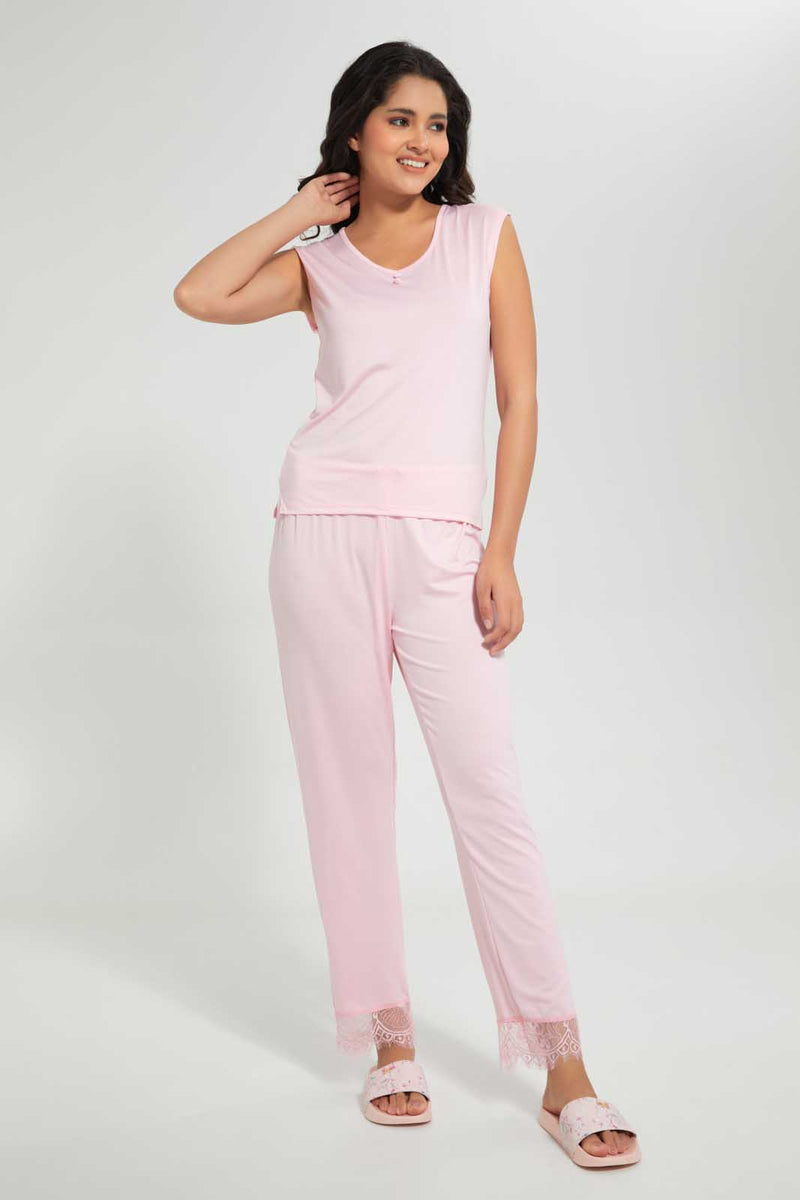 Redtag-Pink-Plain-Pyjama-Set-With-Lace-Pyjama-Sets-Women's-