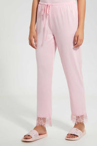 Redtag-Pink-Plain-Pyjama-Set-With-Lace-Pyjama-Sets-Women's-