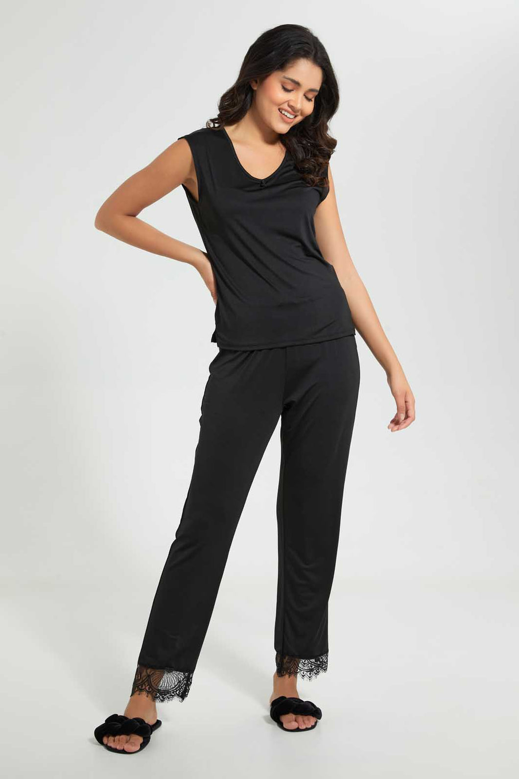 Redtag-Black-Plain-Pyjama-Set-With-Lace-Pyjama-Sets-Women's-